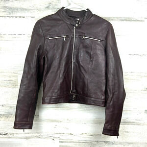 Vintage Oasis Womens 12 Burgundy Leather Cropped Moto Jacket Rare Biker Luxe